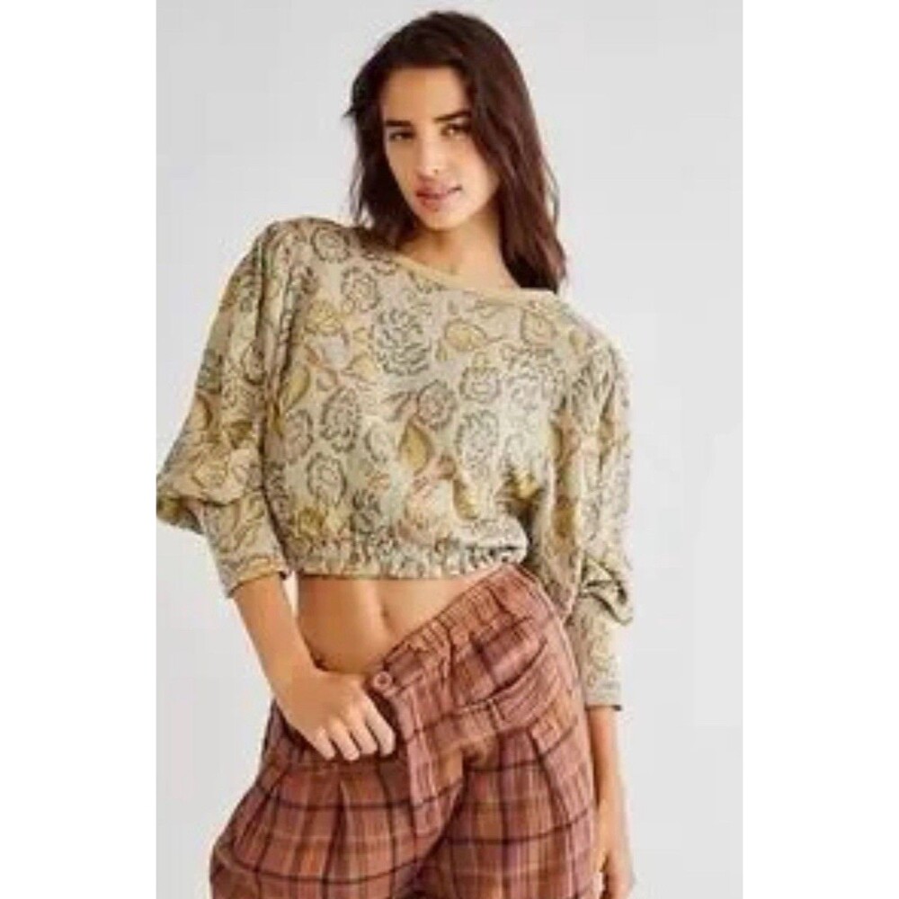 Free People Top Floral Puff Sleeve No Ordinary Oatmeal Combo Boho Retro Medium